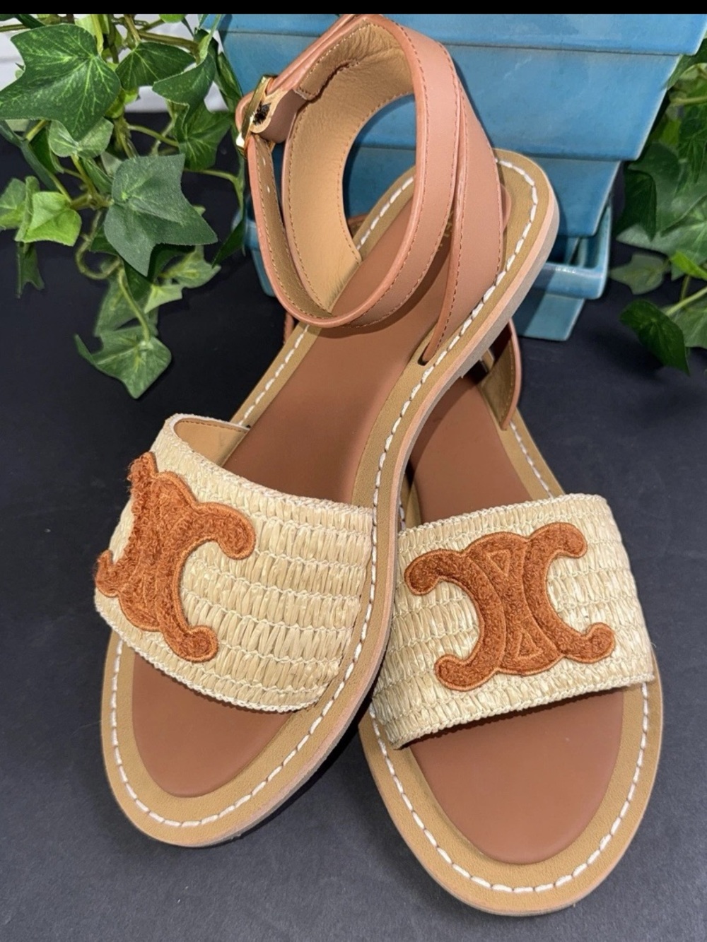 Triomphe C Logo Woman’s flat Strappy Sandal Vegan Leather Raffia EU40 US10